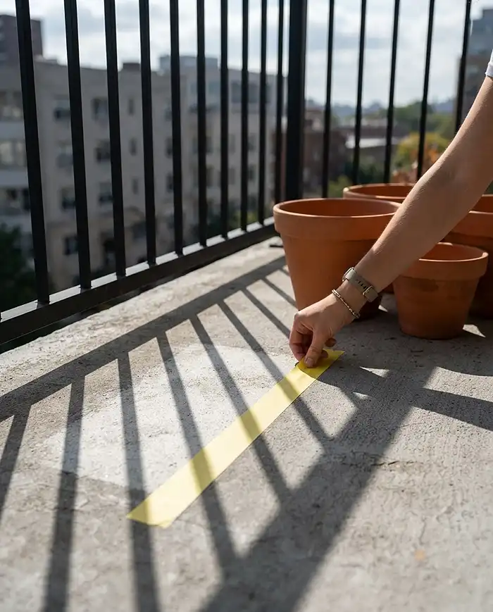 Fall Balcony Garden Ideas With Warm Earth Tones 2 Marking with tape where the lower autumn sun lands on a balcony floor before positioning warm-toned plants