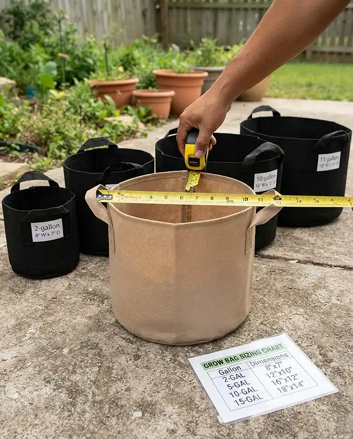 Measuring a fabric bags diameter and depth in inches to choose the right grow bag sizes=
