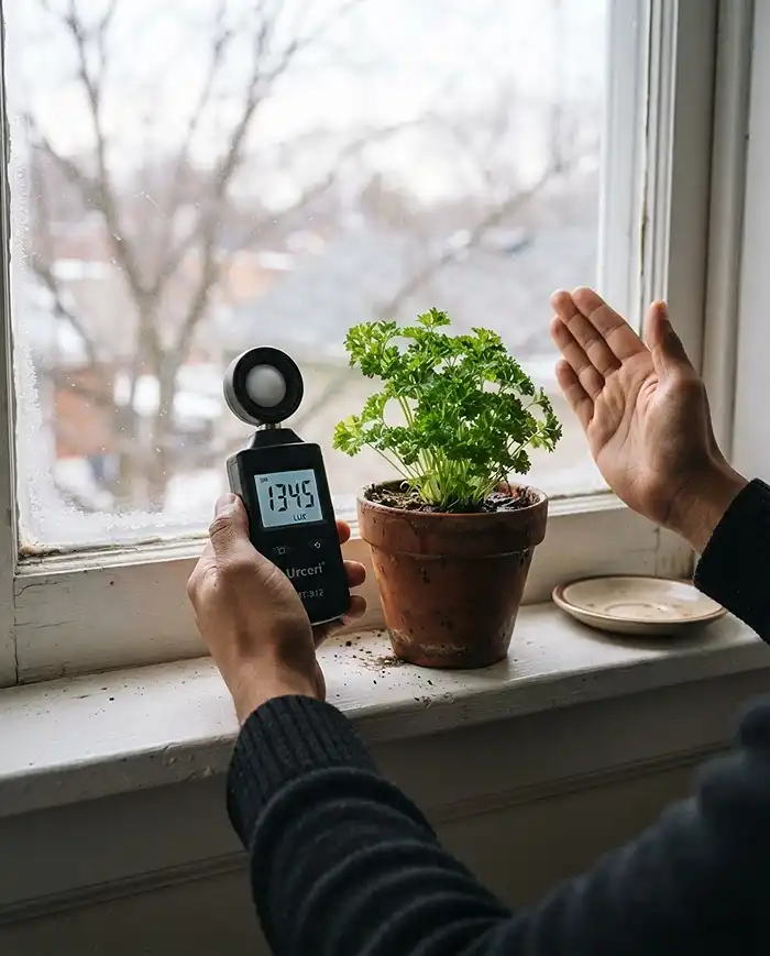 Measuring light with a lux meter and checking for a cold draft at a winter windowsill before placing herbs.