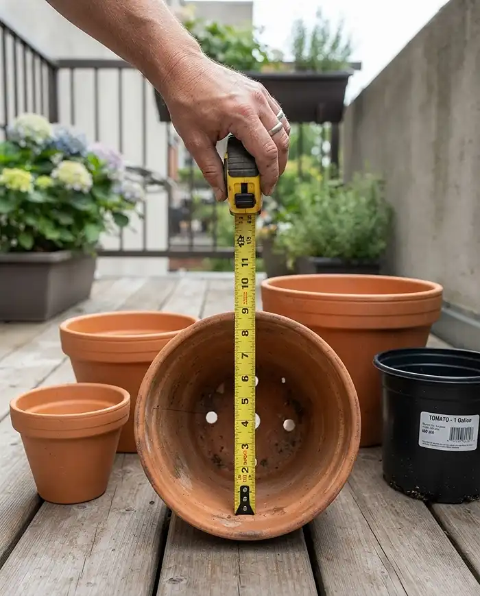 Pot Size for Vegetables: Match Pots to Root Depth 3 Measuring the interior usable depth of a pot with a tape measure to get pot size for vegetables right before planting
