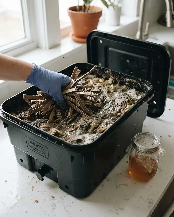 Composting for Container Gardens 4 Mixing dry cardboard into a soggy, slimy compost bin beside a vinegar fly trap, fixing foul odors and anaerobic sludge. composting for container gardens