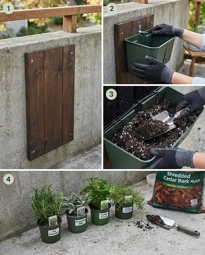 Fall Vertical Herb Garden Ideas for Small Balconies 4 Mounting a backing board and planter modules then filling pockets with perlite mix and herbs, following the install steps.