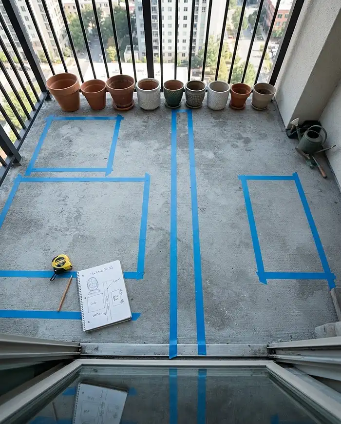 Painter tape marking a chair footprint and an 18-inch clear path to the pots when planning a balcony nook layout