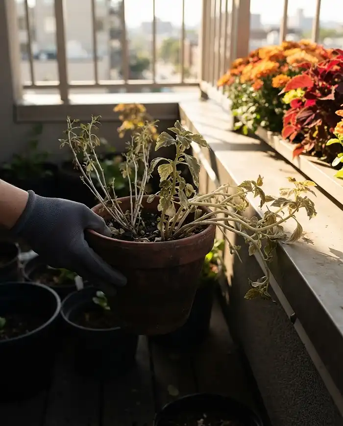 Fall Planter Color Schemes 5 Pale, stretched, faded coleus in shade being moved to a bright railing, fixing washed-out fall color from sun starvation