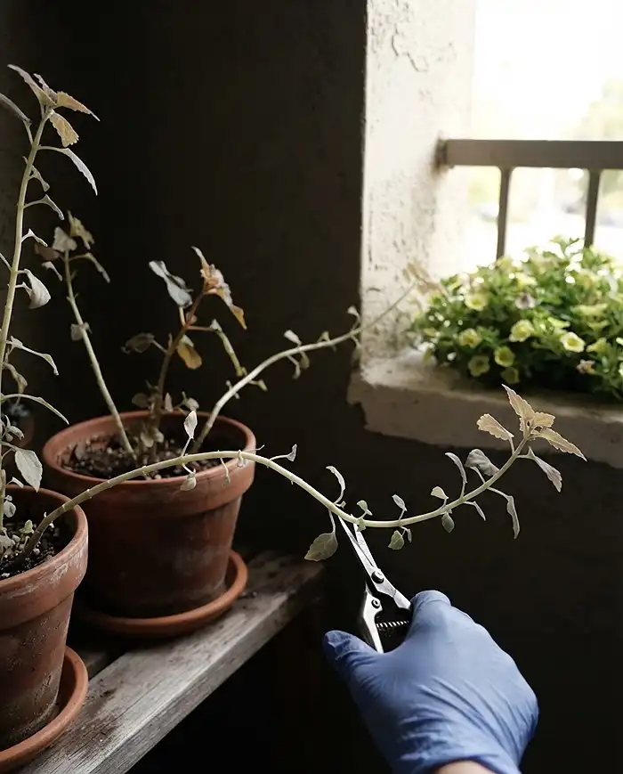 East Facing Balcony Plants: Best Choices for Small Spaces 5 Pinching back leggy pale stretched stems on a shade-starved coleus, fixing etiolation on an east-facing balcony