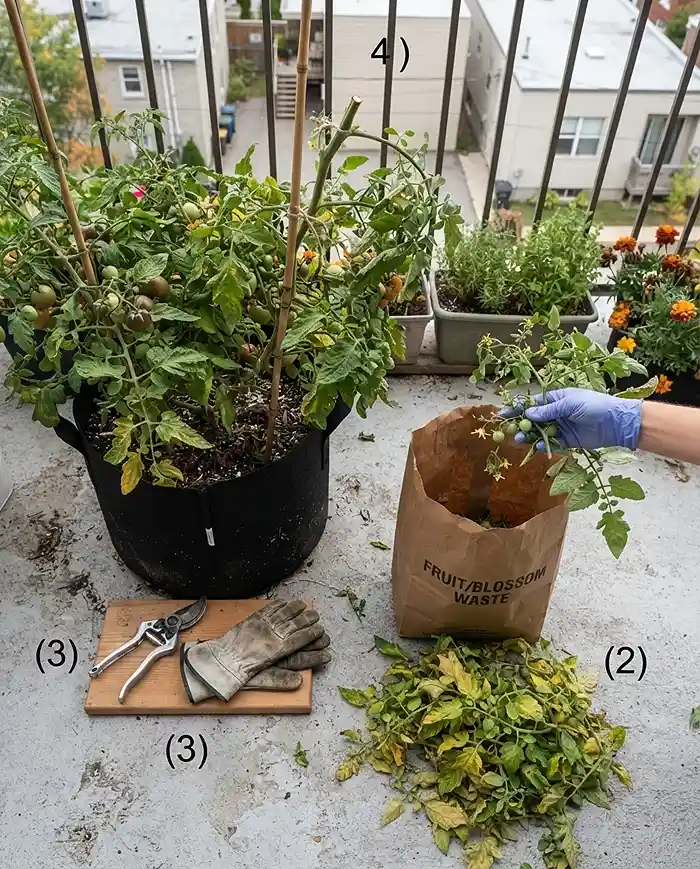 Pruning Tomatoes End of Season 4 Pinching off flowers and tiny fruit and stripping lower leaves into a bag, following the fall tomato pruning steps