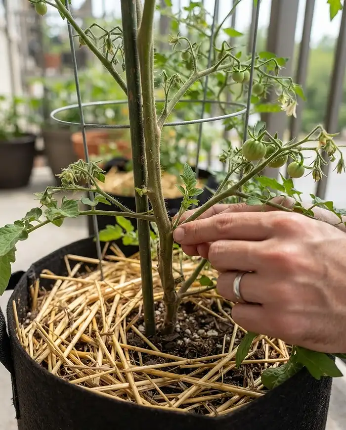 How to Grow Tomatoes in Pots From Seed to Harvest 4 Pinching out a small tomato sucker in the stem crotch of a caged container tomato to direct energy into fruit