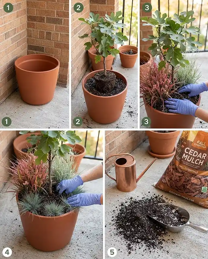Fall Balcony Planters With Grasses: Fruit & Plant Ideas 4 Placing a corner fig pot then packing grasses and edging fescue before mulching, following the fall planting steps. fall balcony planters with grasses