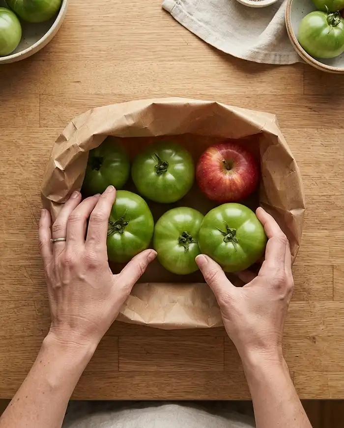 How to Ripen Green Tomatoes in Fall 4 Placing green tomatoes and a ripe apple into a folded paper bag to trap ethylene gas and speed ripening.