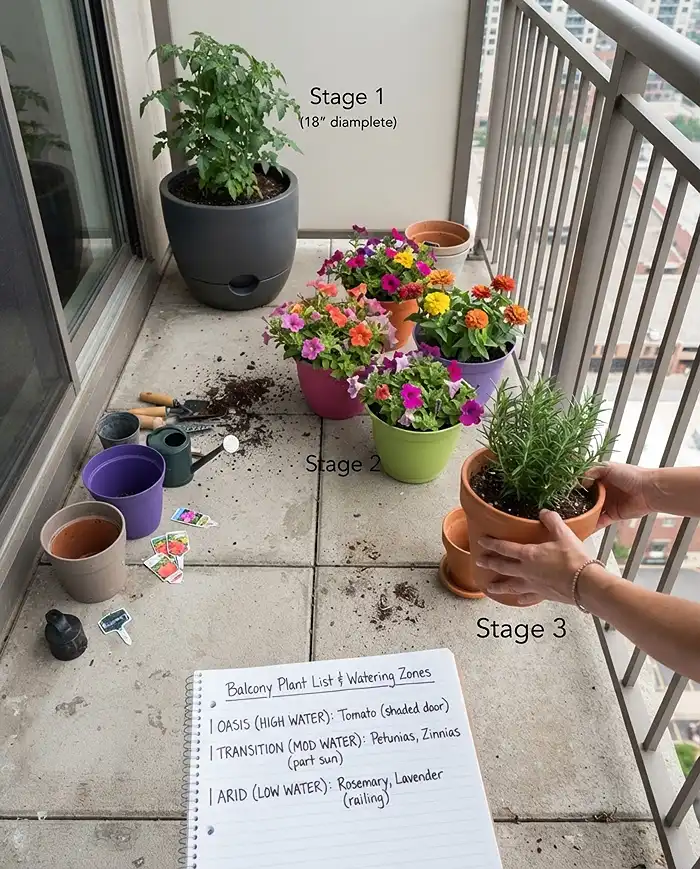 Hydrozoning Balcony Plants: Group Pots by Water Needs 4 Placing self-watering pots by the door, moderate pots in the center, and terracotta at the railing, following the zoning steps