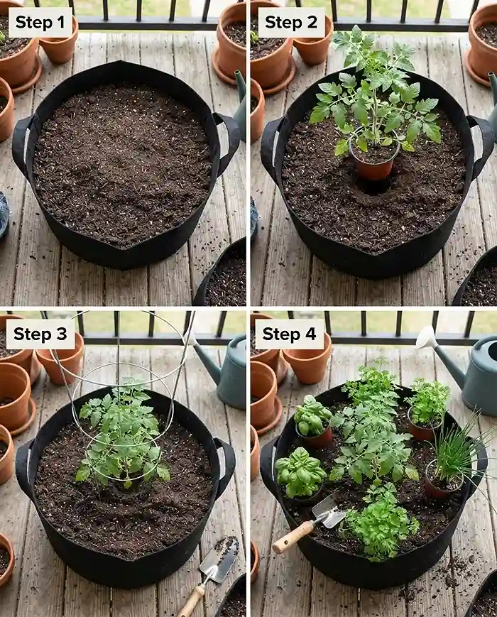 Planting a cherry tomato deep in the center then caging and ringing it with herbs, following the mixed-pot steps