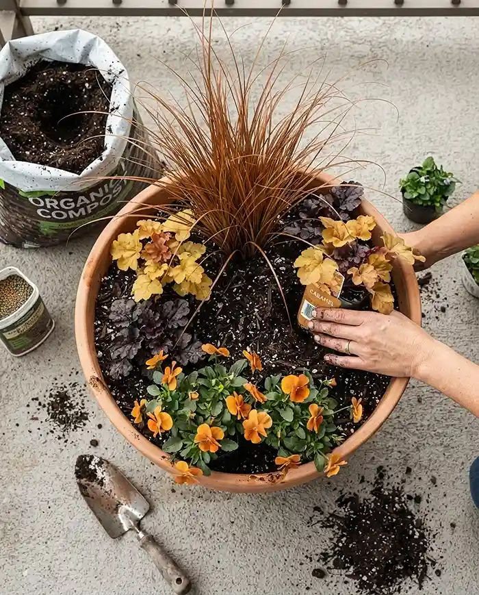 Fall Balcony Garden Ideas With Warm Earth Tones 4 Planting a fall pot in thriller-filler-spiller order with a bronze grass, amber heuchera, and trailing violas, following the makeover steps.