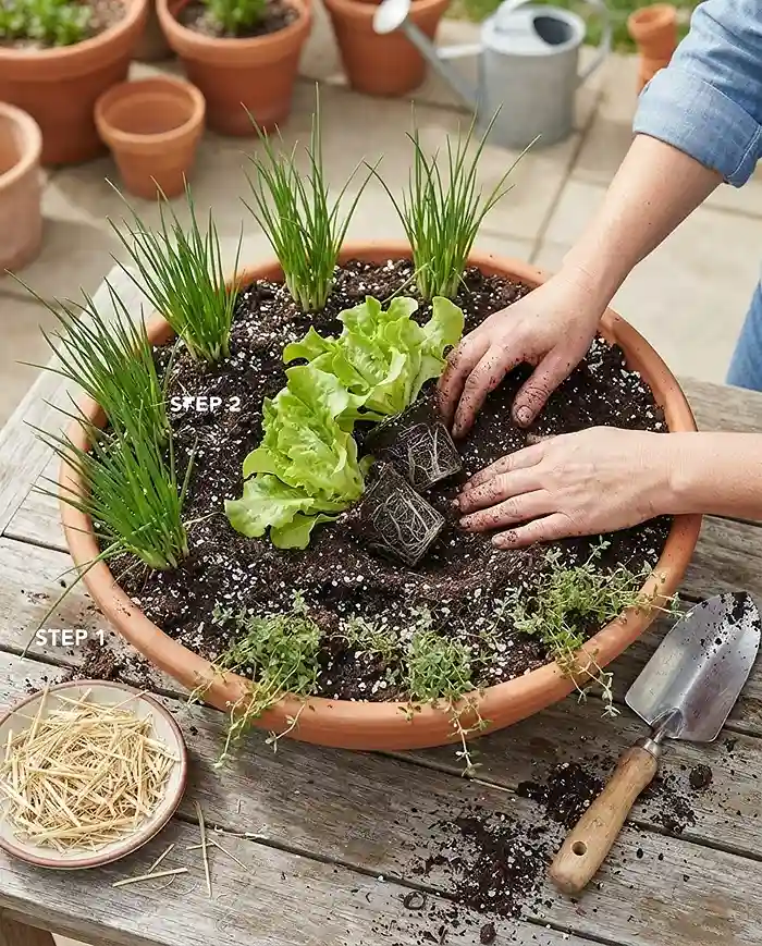 Herbs to Grow With Lettuce in Containers 4 Planting a mixed bowl in order with perimeter chives, center lettuce, and rim thyme, following the layering steps