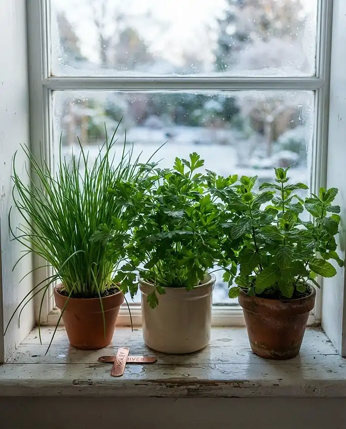 Potted chives, parsley, and mint thriving in pale winter light, among the best windowsill herbs for winter.