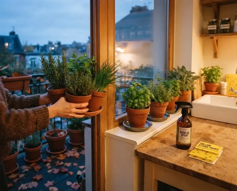 Potted rosemary, thyme, mint, and chives moving from an autumn balcony to a sunny kitchen windowsill with pest supplies ready