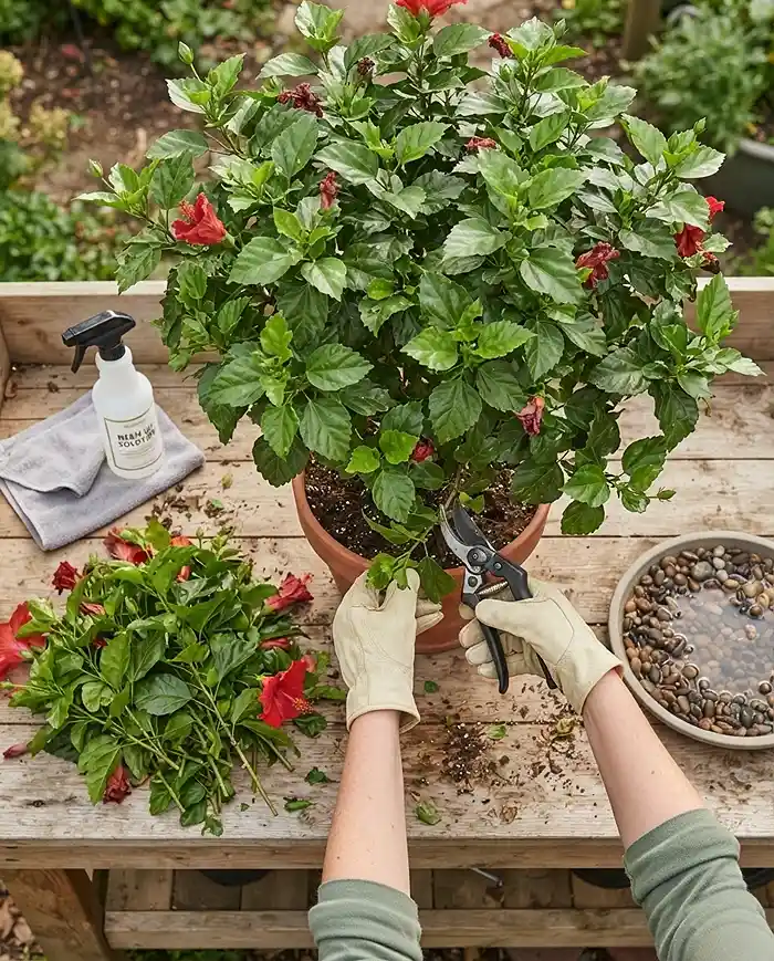 Bringing Outdoor Plants Inside for Winter 4 Pruning about a third of a potted hibiscus foliage before the indoor move to reduce photosynthetic demand