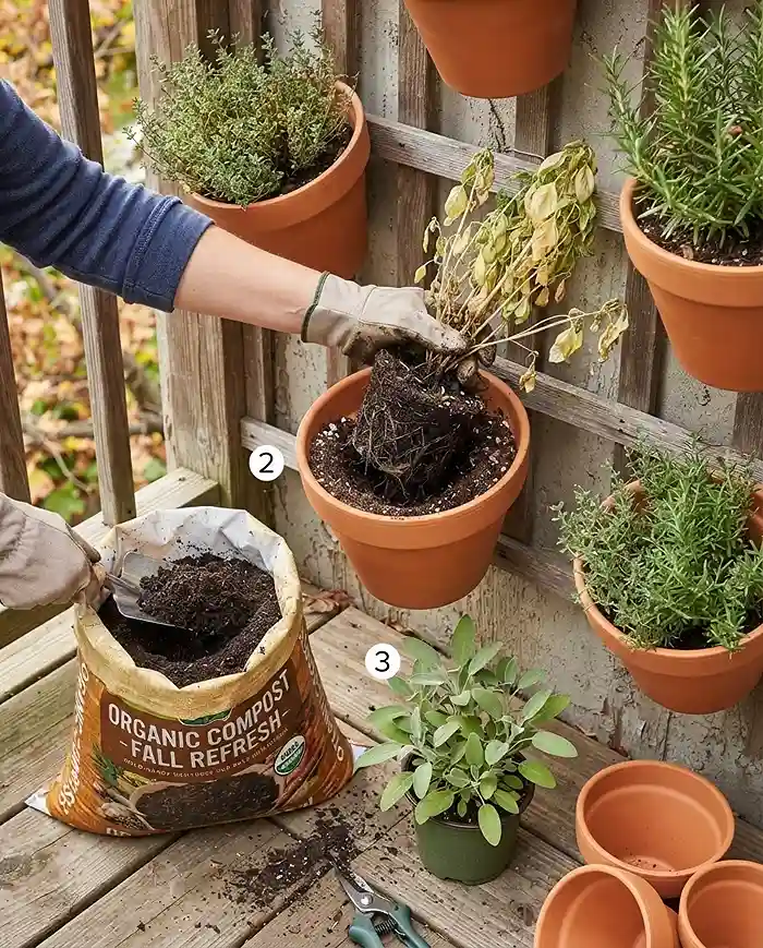 Fall Vertical Herb Garden Ideas That Actually Thrive 4 Pulling spent annuals, refreshing pocket soil with compost, and planting a cold-hardy herb, following the fall wall transition steps