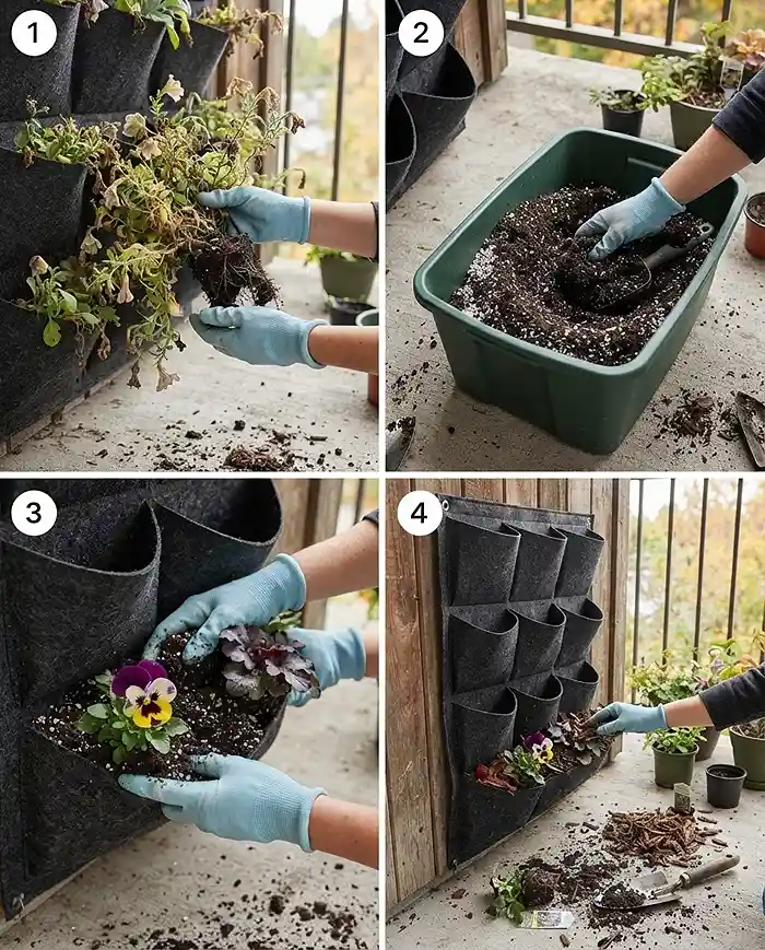 Pulling spent annuals, refreshing soil with perlite, packing plugs tightly, and mulching a wall pocket for fall