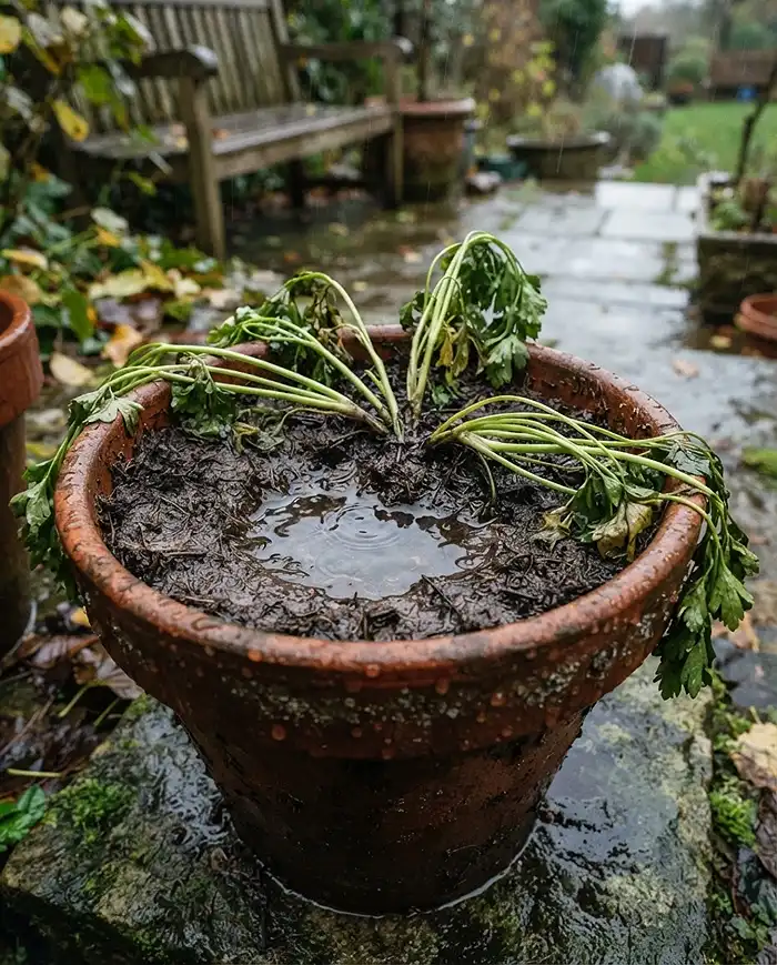 Watering Potted Herbs in Fall: Habits That Save Your Herbs 2 Rainwater pooling on saturated container soil during cold autumn drizzle, the setup for oxygen-starved root rot