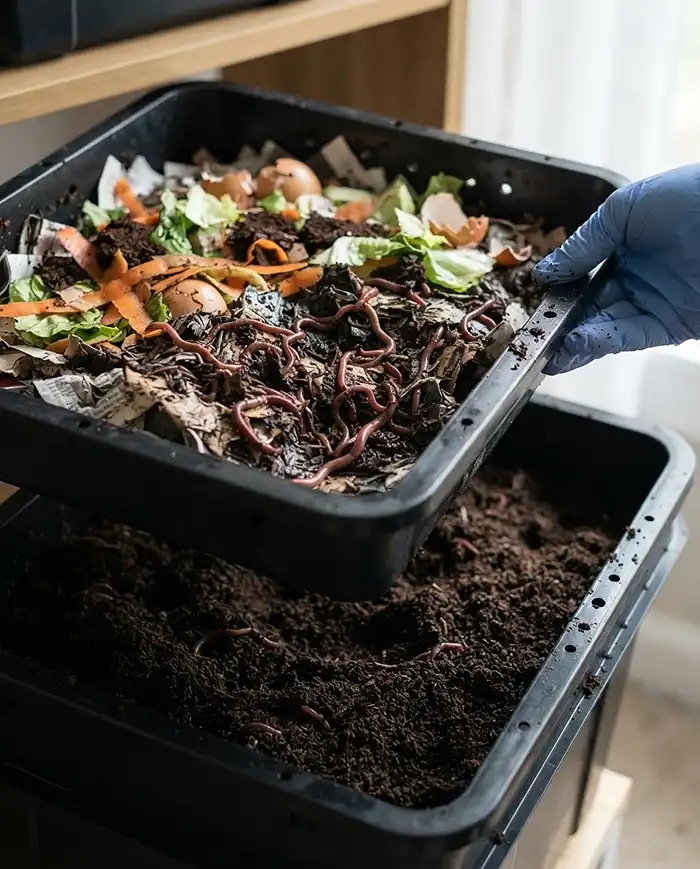 Composting for Container Gardens 2 Red wiggler worms turning scraps into dark castings in a tiered indoor worm bin, vermicomposting for potted plants