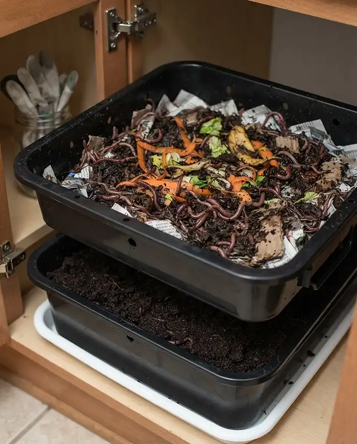 Red wigglers turning scraps into dark castings in a tiered bin, the top worm‑bin method for apartment composting