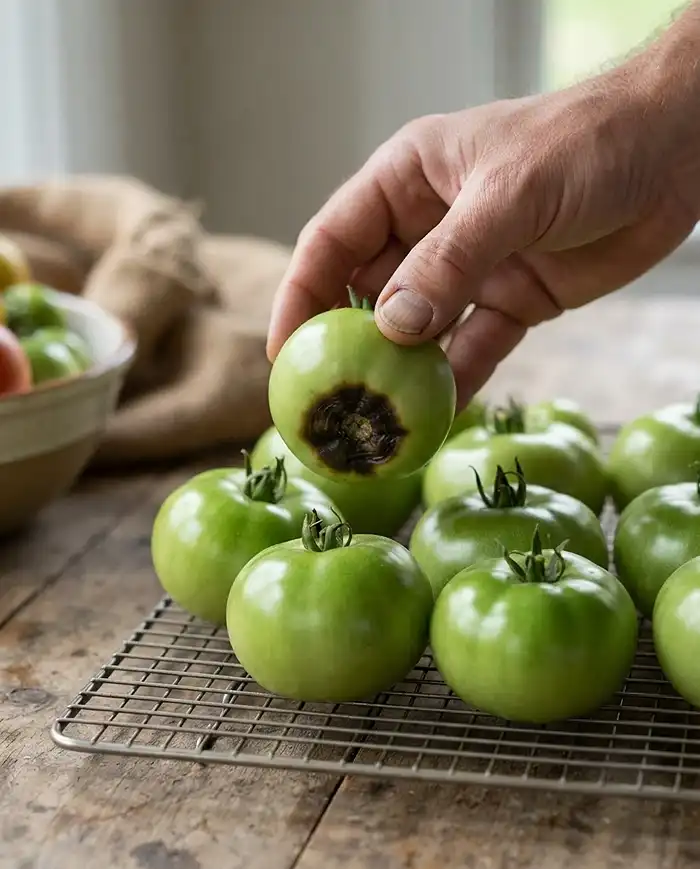 How to Ripen Green Tomatoes in Fall 5 Removing a green tomato with a dark rotting patch from firm tomatoes on a wire rack to stop rot from spreading.