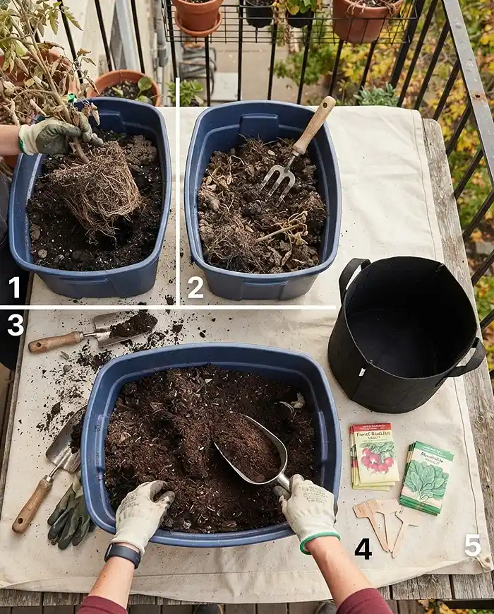 Fall Container Vegetable Garden 4 Removing a spent root ball, aerating old soil, and blending in compost and worm castings before sowing fall crops, following the prep steps