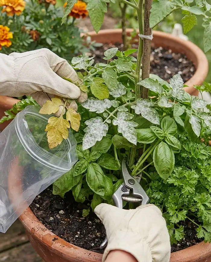 Removing powdery-mildew-coated lower tomato leaves and trimming crowding herbs to restore airflow in a mixed pot