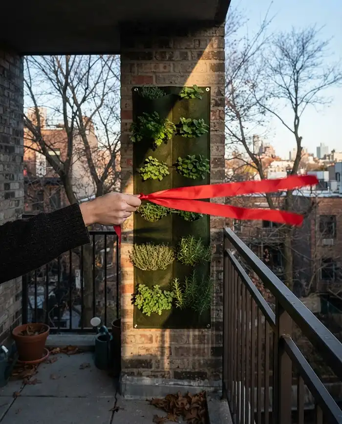 Fall Vertical Herb Garden Ideas for Small Balconies 2 Ribbon streaming beside a vertical herb wall under low autumn sun and building shade, mapping wind and light on the pockets
