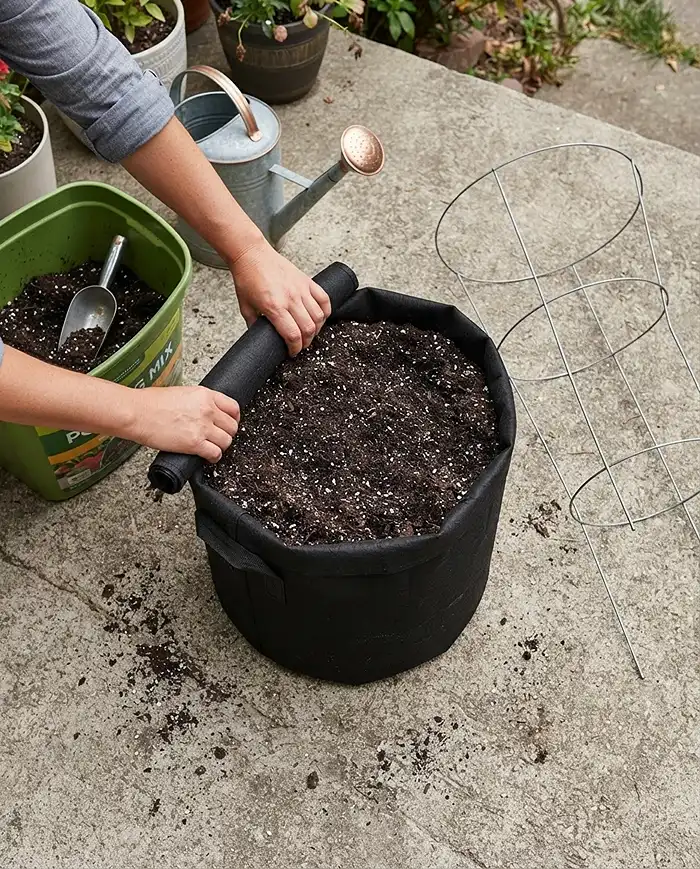 Rolling down the fabric lip of a filled grow bag and staging a cage before planting, following the prep steps