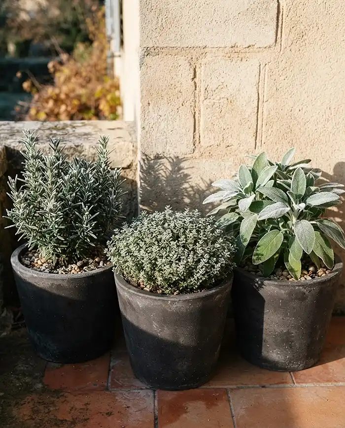 Cold Tolerant Herbs for Pots 3 Rosemary, thyme, and sage with frost‑dusted leaves in resin pots, top cold‑tolerant herbs for pots below 60 degrees.