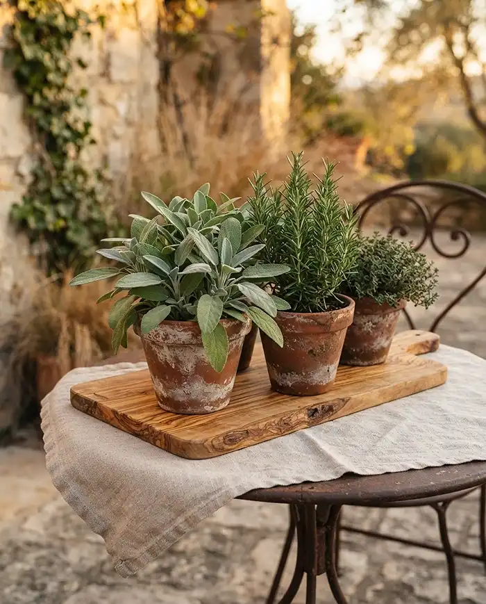 Rustic terracotta herb pots on an olive wood tray, the material foundation of a fall Mediterranean balcony setup.