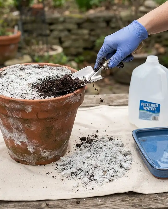 How to Tell If Potting Soil Is Bad 5 Scraping a white fertilizer-salt crust off old potting soil before flushing it, fixing mineral buildup in containers