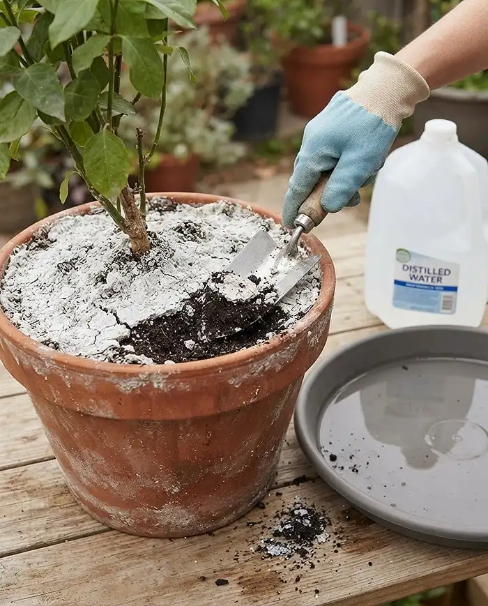 How to Refresh Potting Soil 5 Scraping a white fertilizer‑salt crust off container soil before flushing with distilled water through the drainage holes