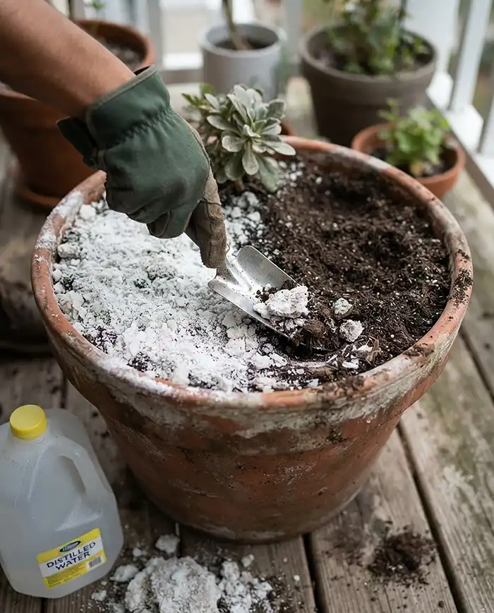 How to Tell If Potting Soil Is Still Good 5 Scraping a white salt crust off container soil beside a jug of distilled water for deep flushing to remove fertilizer buildup