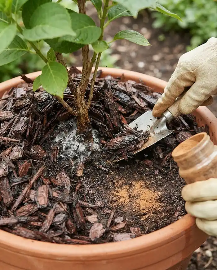 Mulching Potted Plants: How to Use Mulch in Pots 5 Scraping back over-thick mulch and dusting cinnamon to fix mold and fungus gnats in a potted plant
