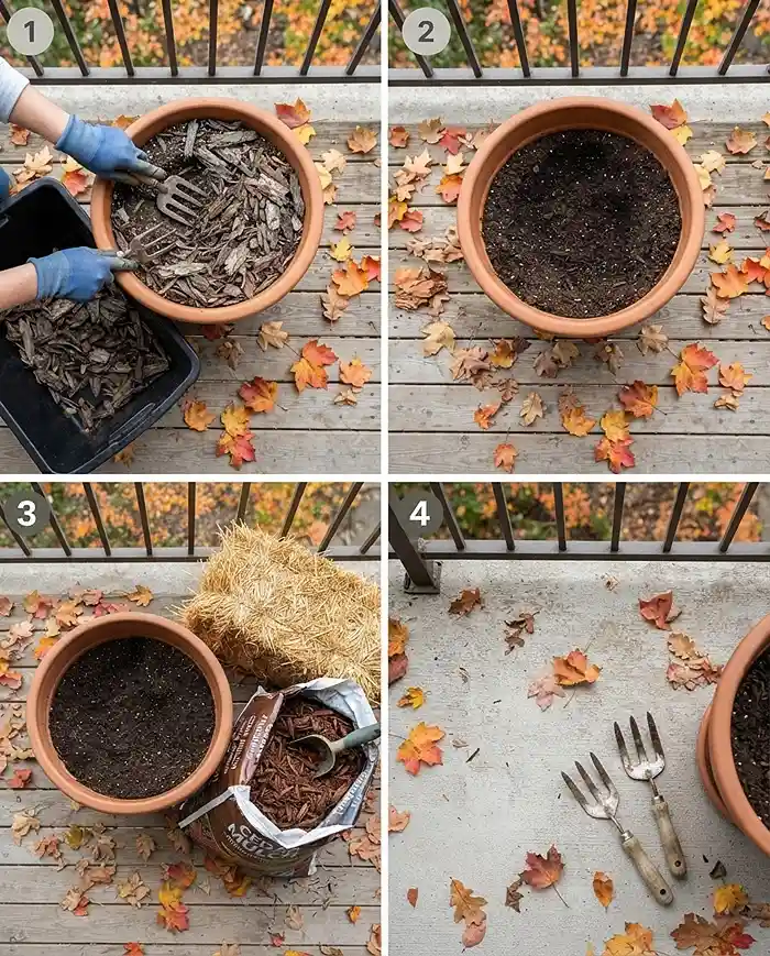 Mulching Potted Plants: How to Use Mulch in Pots 4 Scraping off degraded summer mulch and replacing it with fresh straw and bark before winter, the fall refresh routine