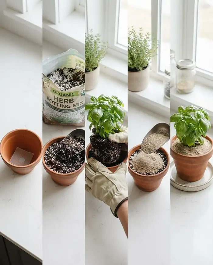 Indoor Kitchen Herb Garden 4 Screening the drainage hole and setting an herb root ball in perlite mix with sand top-dressing, following the planting steps
