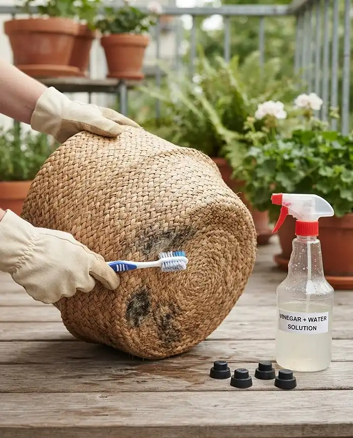 Scrubbing mold off a seagrass basket base with vinegar solution beside rubber feet used to lift baskets for airflow