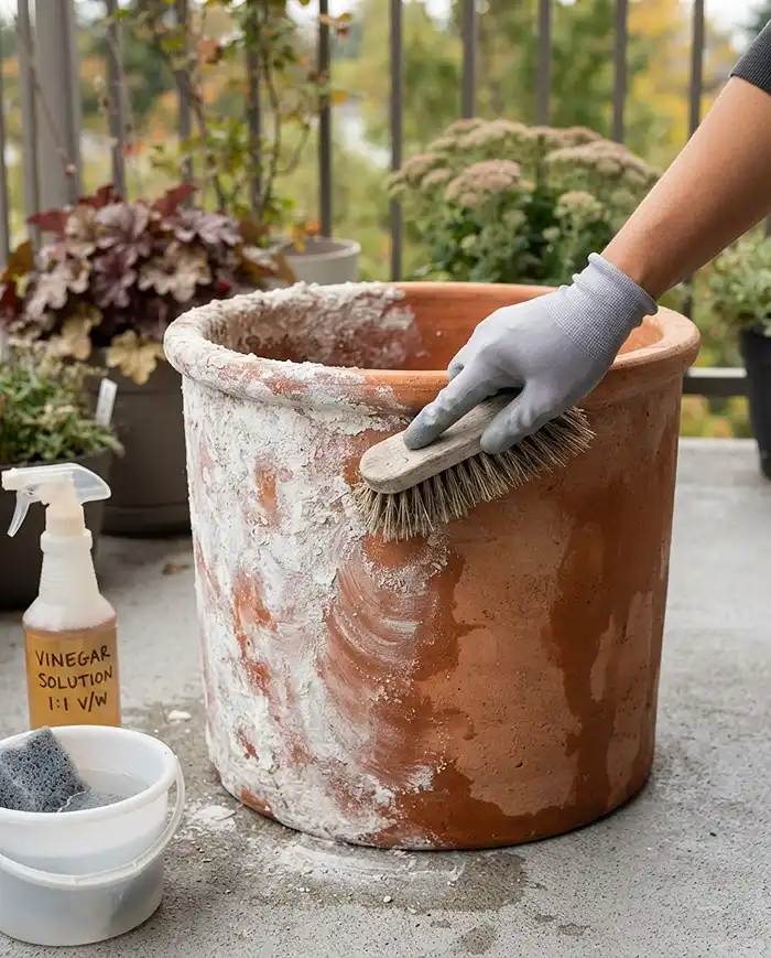 Fall Terracotta Balcony Ideas for a Modern Cozy Look 5 Scrubbing white efflorescence salt crust off a terracotta pot with vinegar solution to restore the clay clean look
