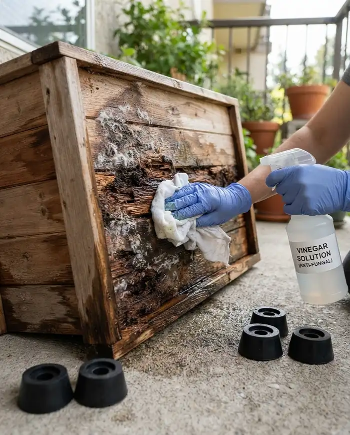 Rustic Balcony Garden Ideas for a Warm, Natural Look 5 Scrubbing white mold off a wooden planter base with vinegar solution beside pot feet, fixing fungal bottom rot