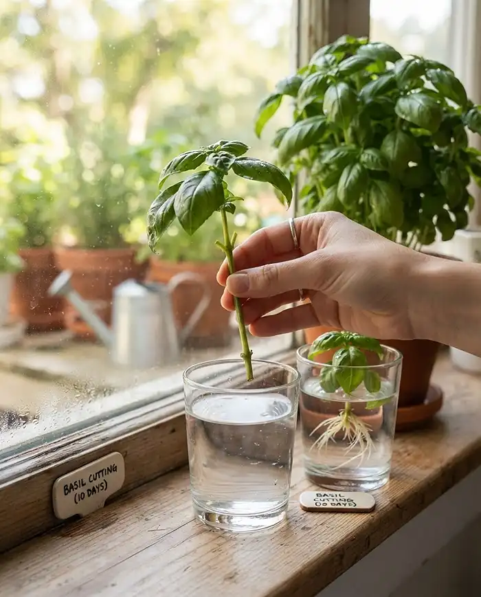 Setting a stripped 4‑inch basil cutting into a glass of water to root on a bright sill, the safest way to bring basil indoors