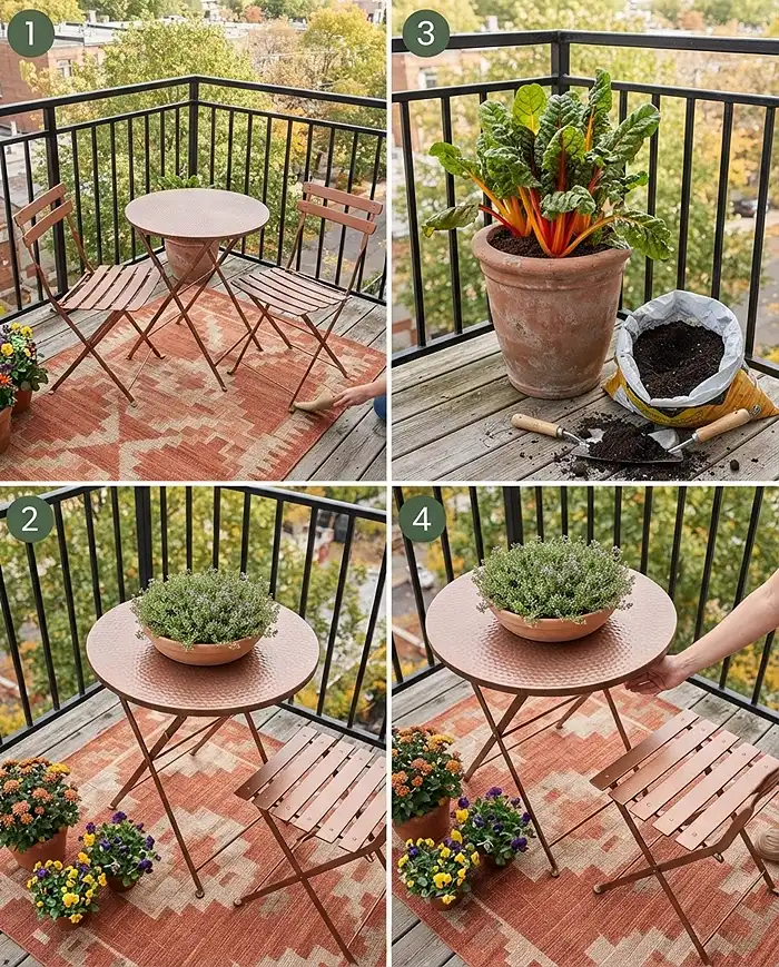 Fall Balcony Cafe Ideas for a Cozy Small-Space Retreat 4 Setting up a balcony cafe in order from rug to furniture to floor pots and tabletop herbs, following the styling steps