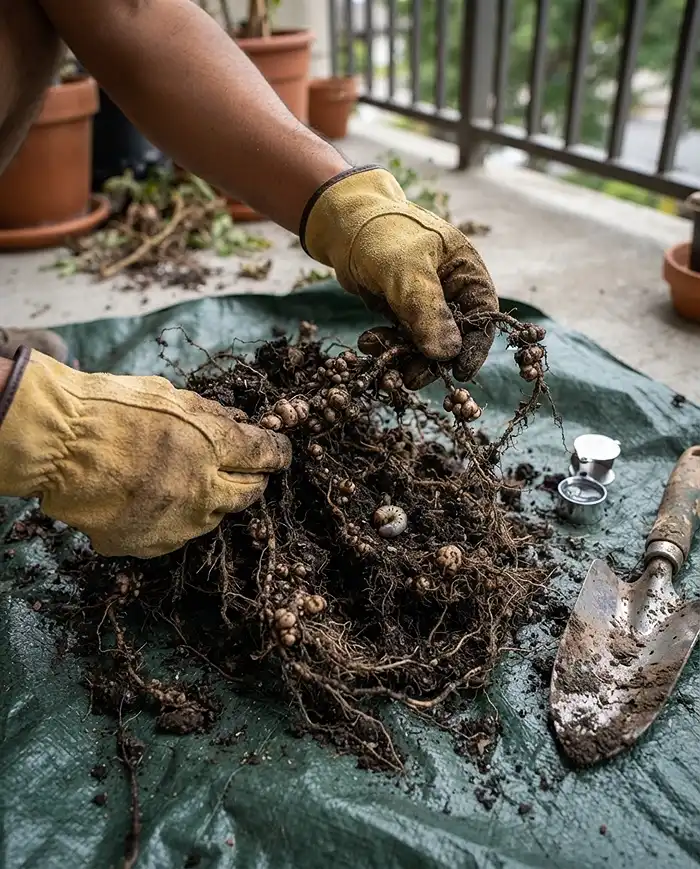 How to Tell If Potting Soil Is Still Good 3 Sifting an old root ball to find nematode galls and a white grub, a key step in telling if potting soil is still good.