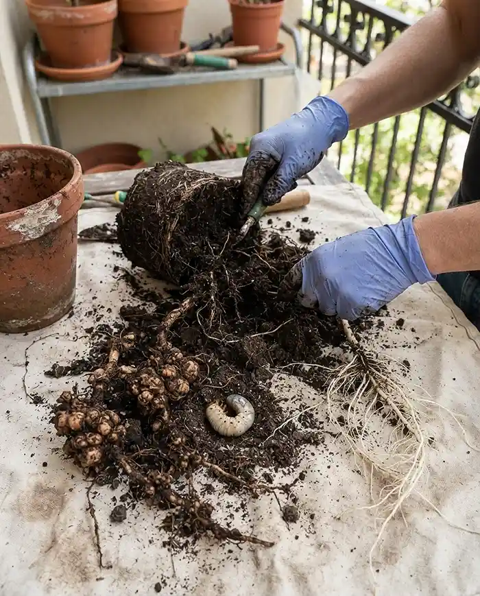 How to Tell If Potting Soil Is Bad 3 Sifting old potting soil on a tarp to spot grub larvae and root-knot galls, showing how to tell if potting soil is bad