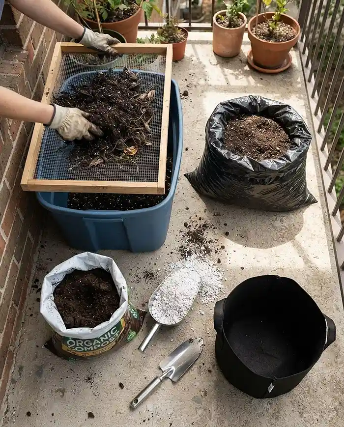 Sustainable Small Space Gardening 4 Sifting old soil, solarizing it in a black bag, and amending with compost and perlite, following the soil-reuse steps