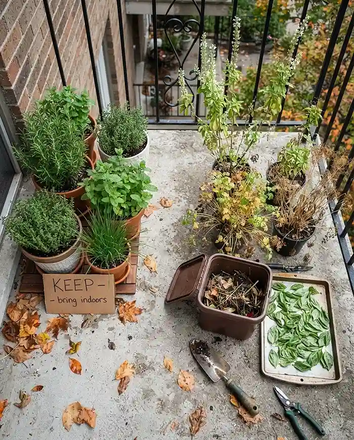 Bringing Herbs Indoors for Winter 2 Sorting balcony herbs into perennials to move indoors and annuals to harvest and compost before winter migration