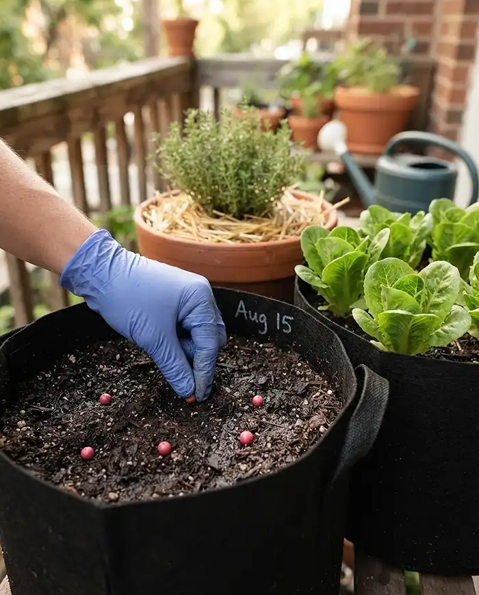 Sustainable Small Space Gardening 3 Sowing a small radish batch and dating the pot rim beside staggered lettuce, a core sustainable small space gardening habit.