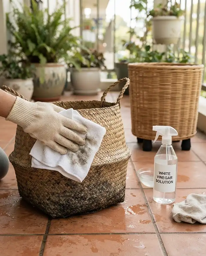 Trailing Balcony Plants: Basket Garden Ideas That Work 5 Spot-cleaning mold off a seagrass basket with a vinegar solution and raising baskets on pot feet for airflow