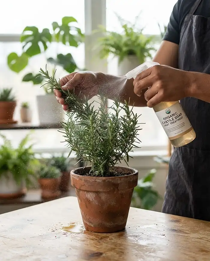 Spraying a balcony herb with Castile soap solution and isolating it for quarantine before moving it indoors for winter.